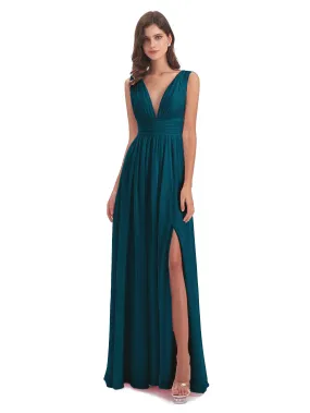 Ink Blue Bridesmaid Dress Charming Chiffon V Neck Split Long Bridesmaid Dresses