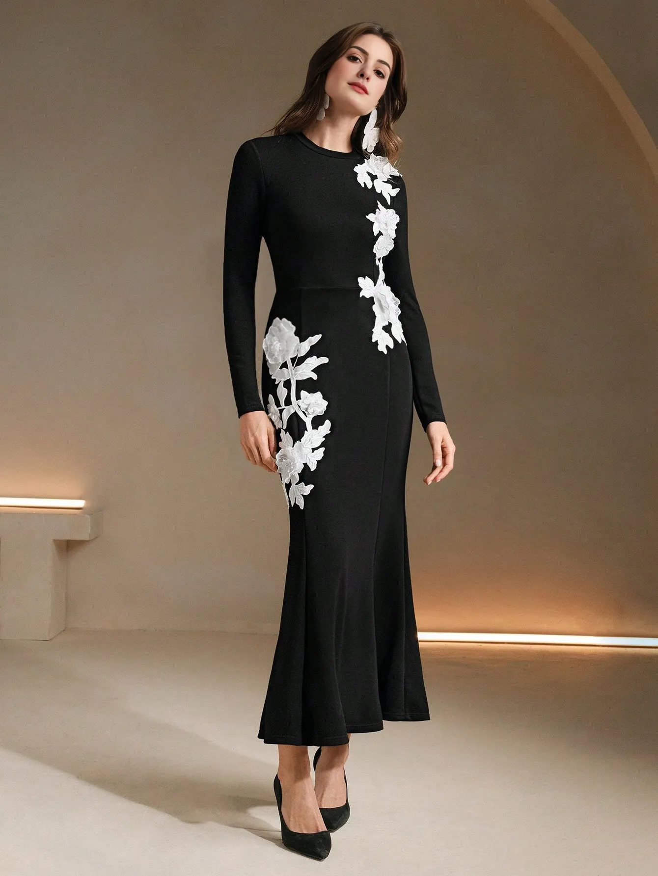 Isabella Lace Embroidery Floral Decor Long Dress