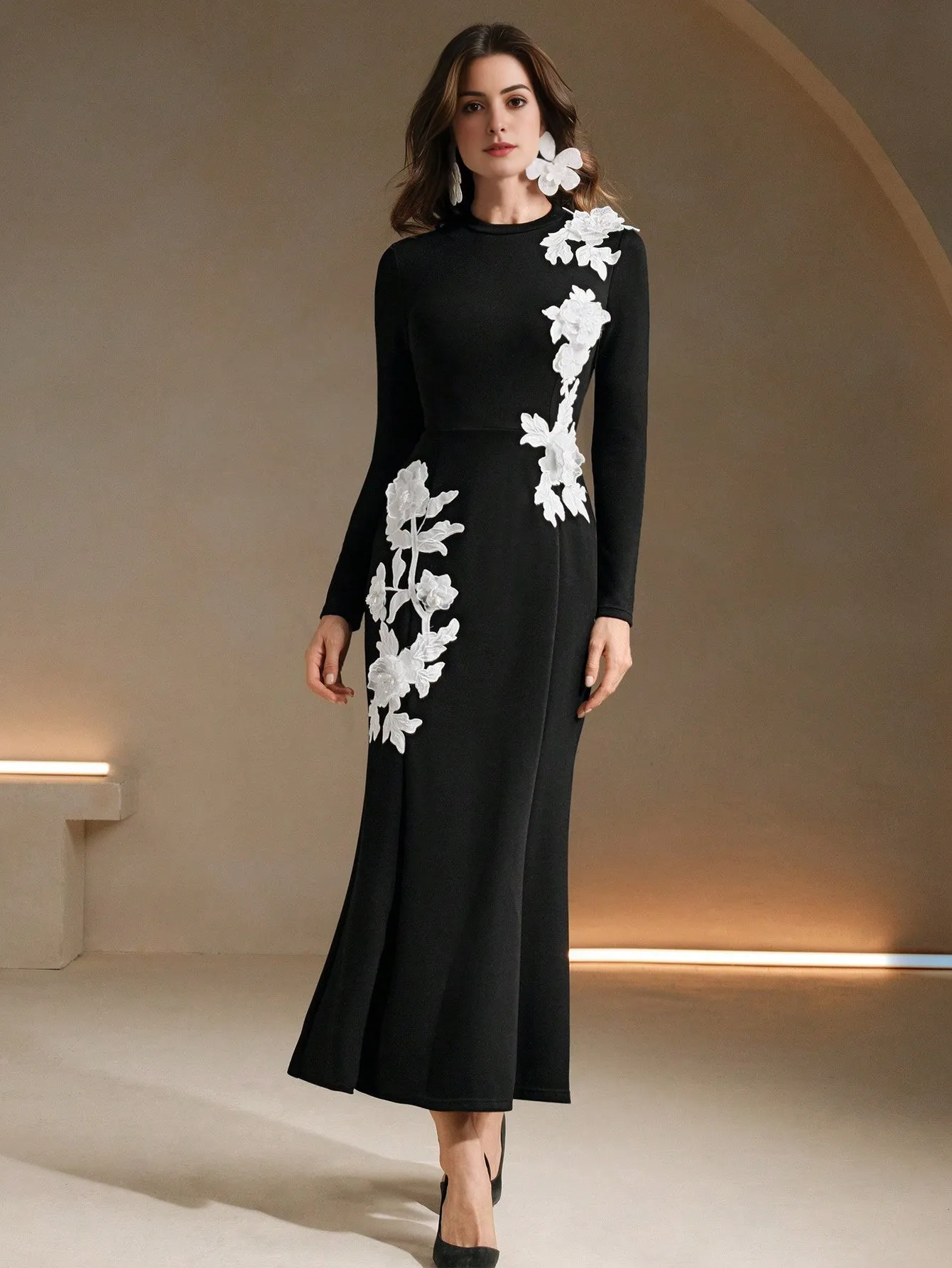 Isabella Lace Embroidery Floral Decor Long Dress