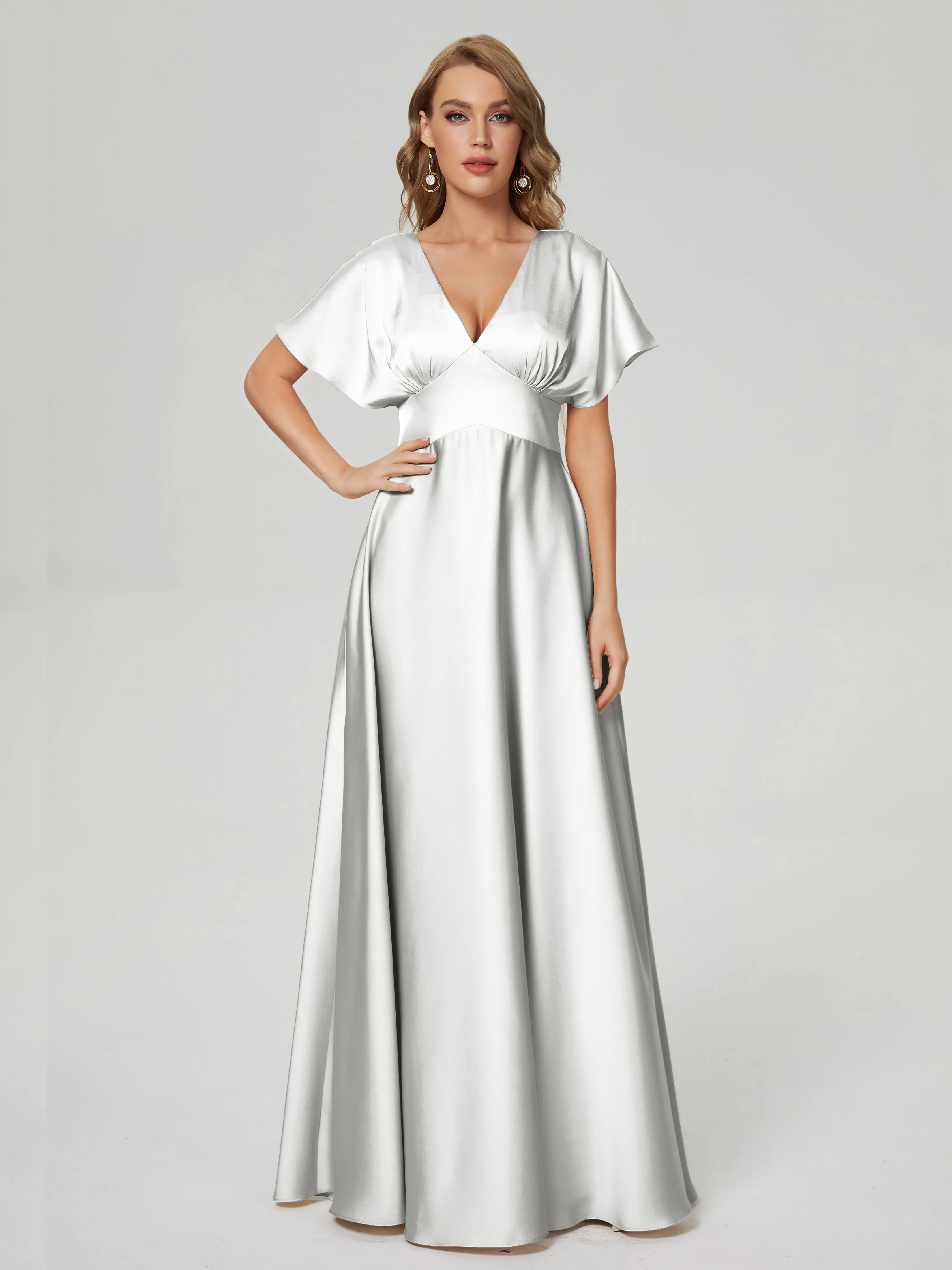 Ivory Bridesmaid Dresses Ariah Modest V Neck Short Sleeves Soft Satin Dresses