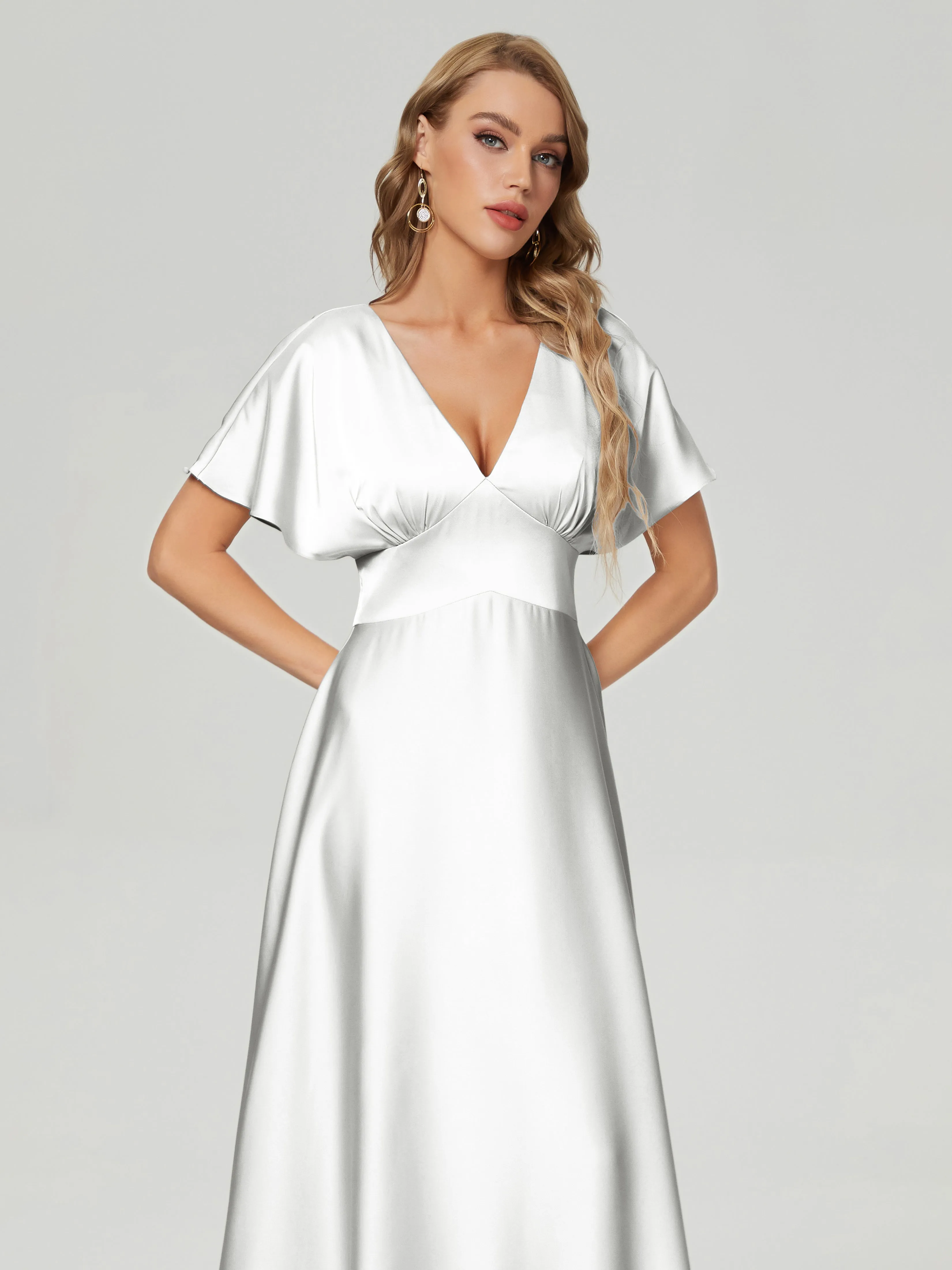 Ivory Bridesmaid Dresses Ariah Modest V Neck Short Sleeves Soft Satin Dresses