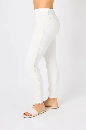 Judy Blue Mid-rise Braided Detail Relaxed Ivory Jeans