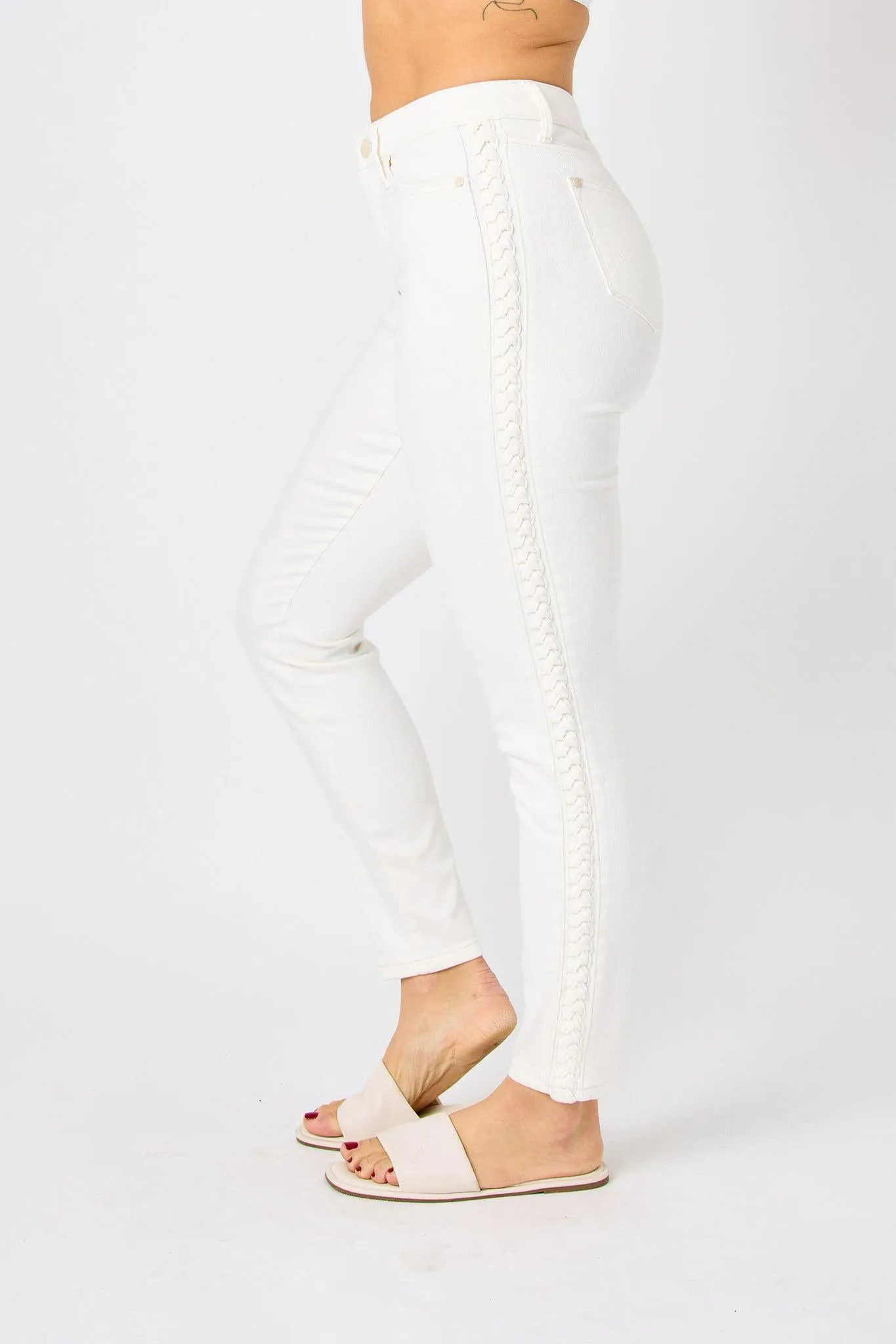 Judy Blue Mid-rise Braided Detail Relaxed Ivory Jeans