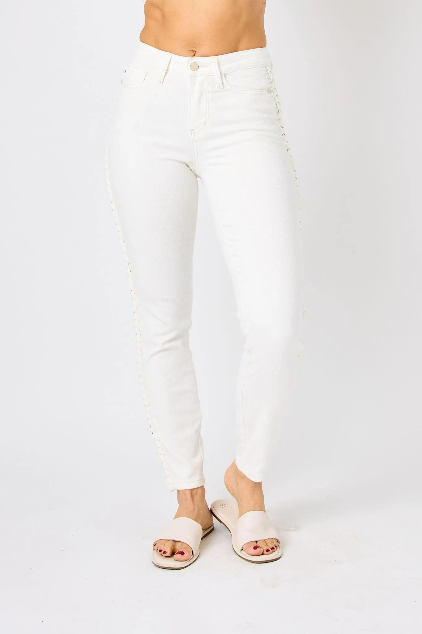 Judy Blue Mid-rise Braided Detail Relaxed Ivory Jeans