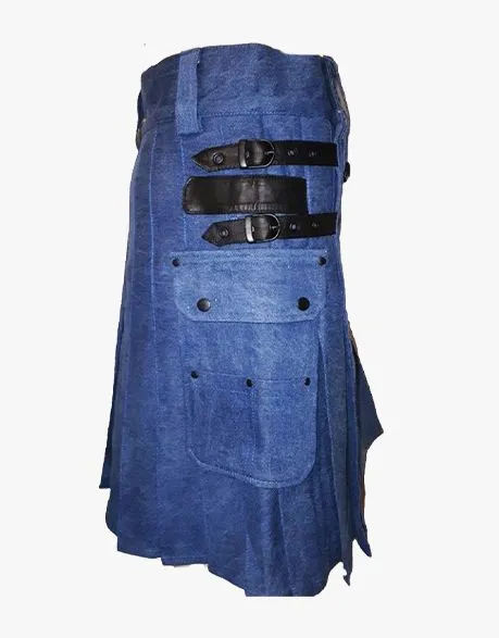 KILT IN BLUE DEAL WITH BLACK LEATHER STRAPS