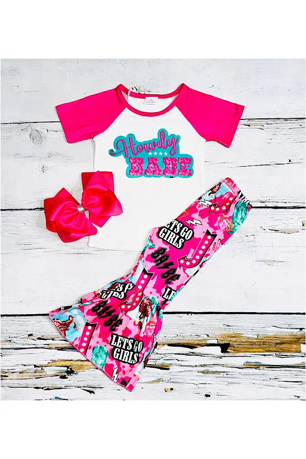 LC0014 Hot pink & white "HOWDY BABE" 2pc short sleeve set