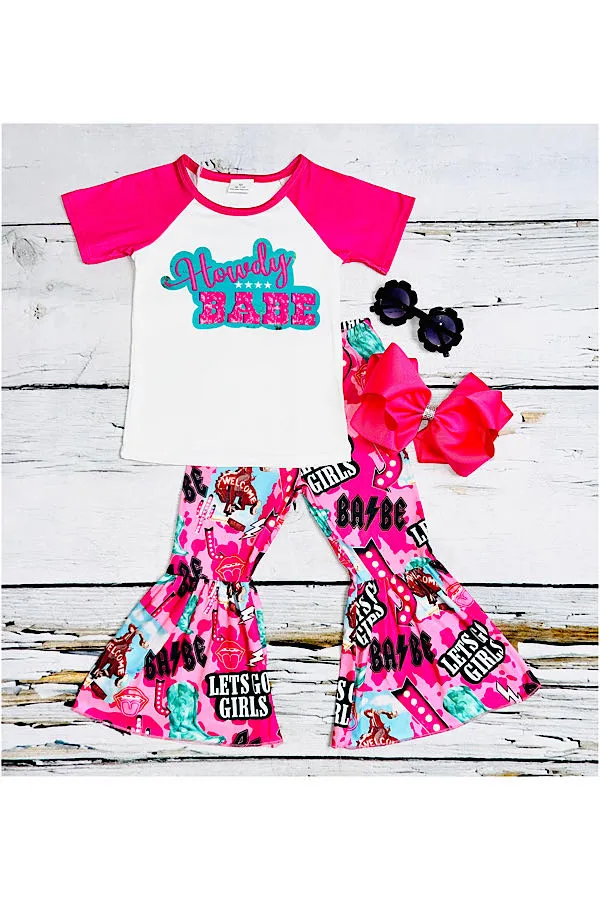 LC0014 Hot pink & white "HOWDY BABE" 2pc short sleeve set