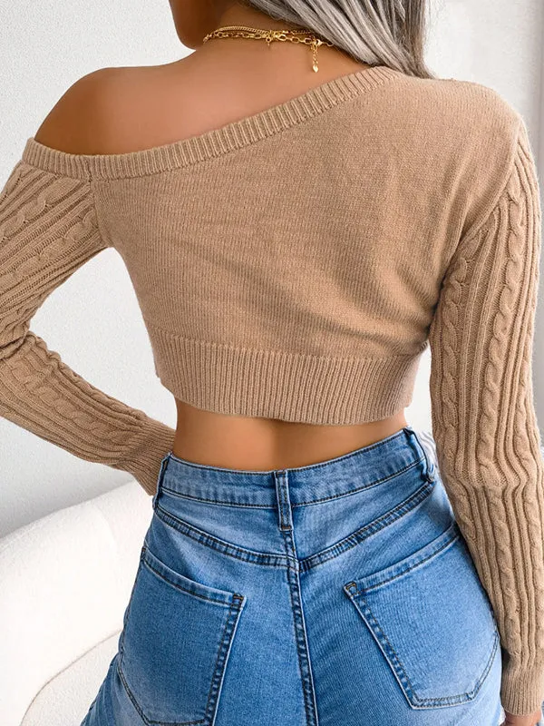 Long Sleeves Skinny Solid Color One-Shoulder Pullovers Sweater Tops