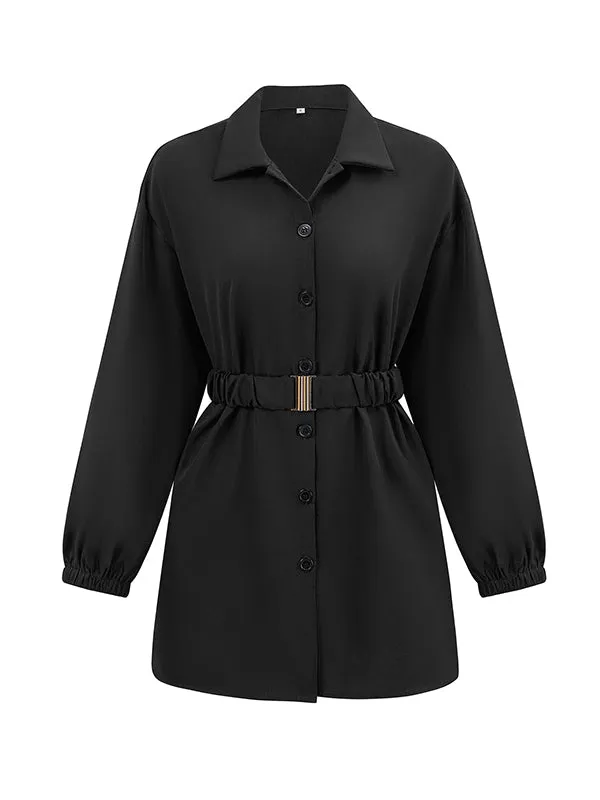 Loose Belted Solid Color Lapel Blouses&shirts Tops Shirts Tops