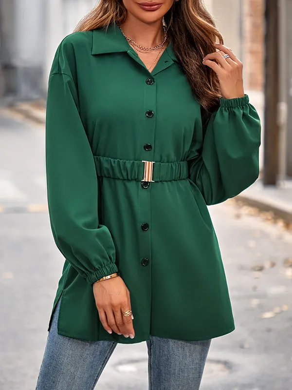 Loose Belted Solid Color Lapel Blouses&shirts Tops Shirts Tops