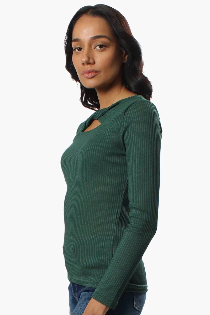 Magazine Ribbed Front Twist Long Sleeve Top - Green