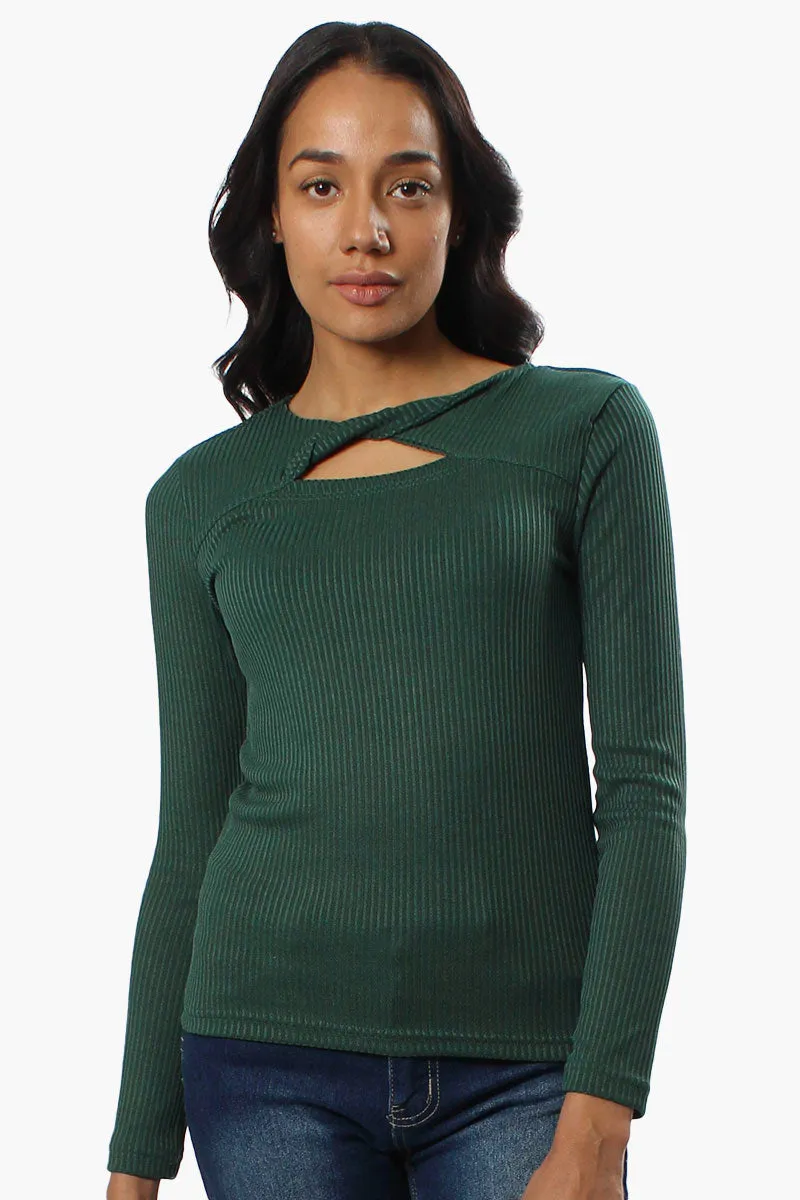 Magazine Ribbed Front Twist Long Sleeve Top - Green