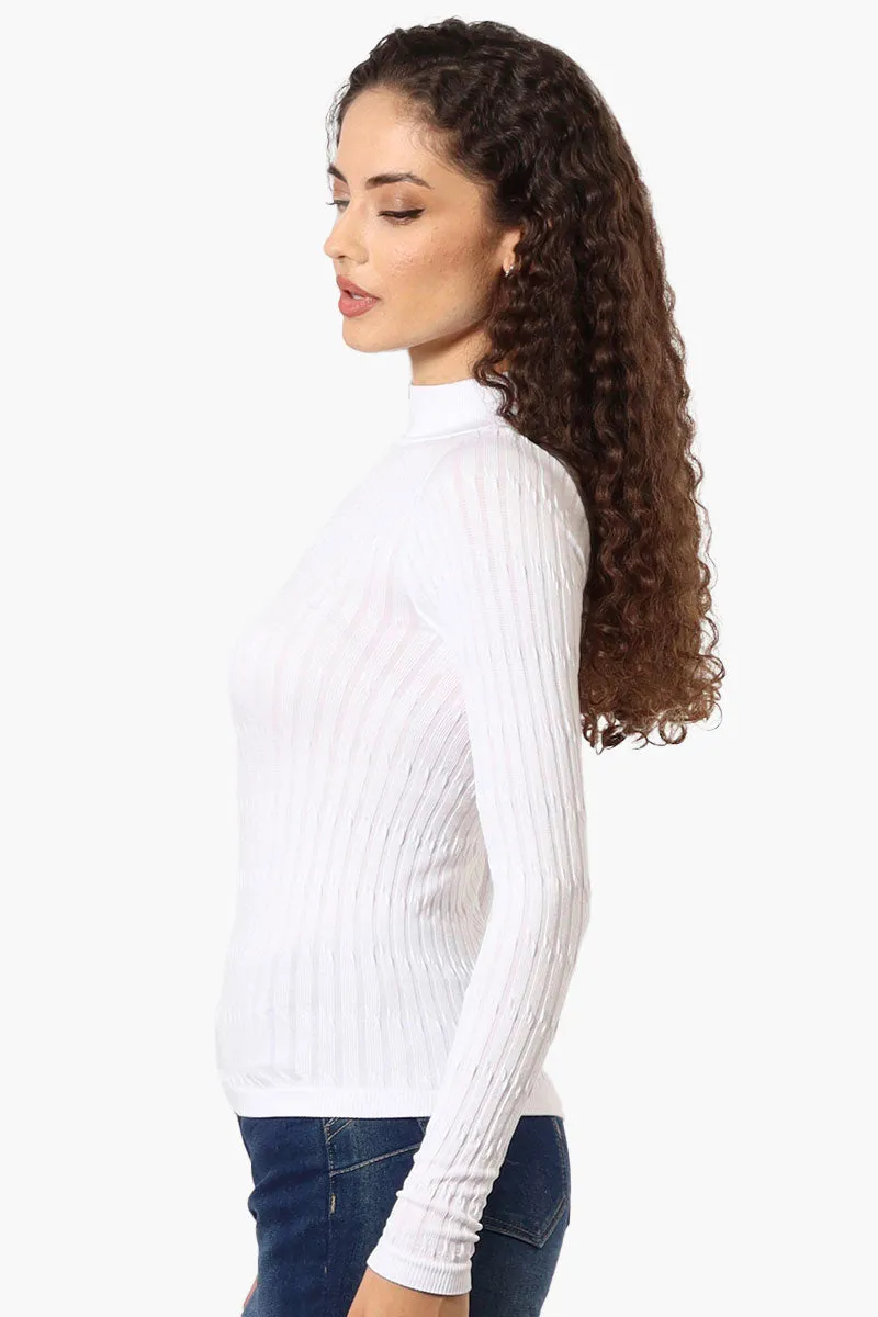 Magazine Ribbed Mock Neck Long Sleeve Top - White