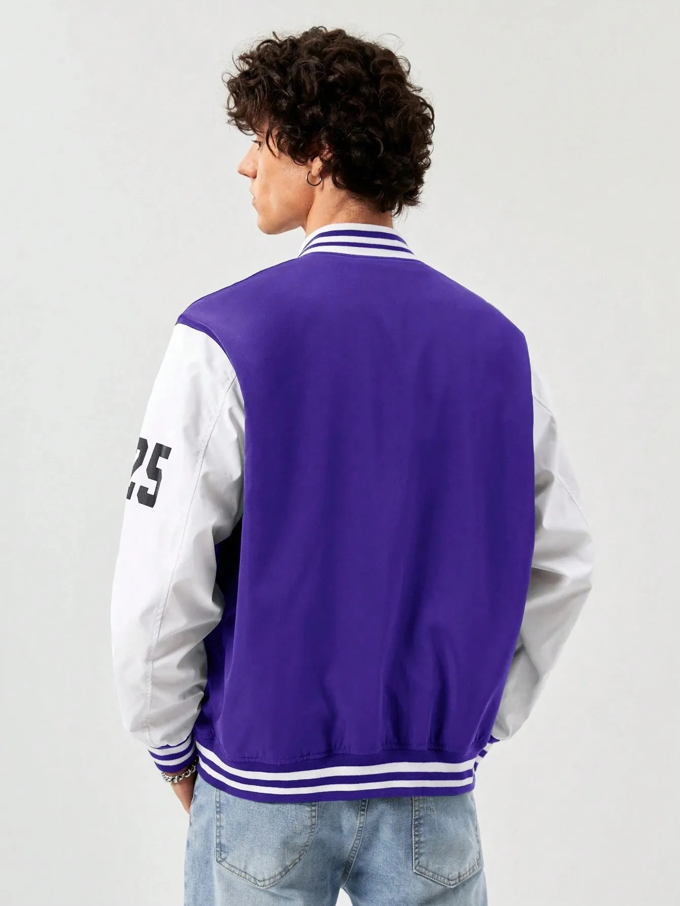 Manfinity Athprep Loose Fit Men'S Letter Graphic Striped Trim Varsity Jacket