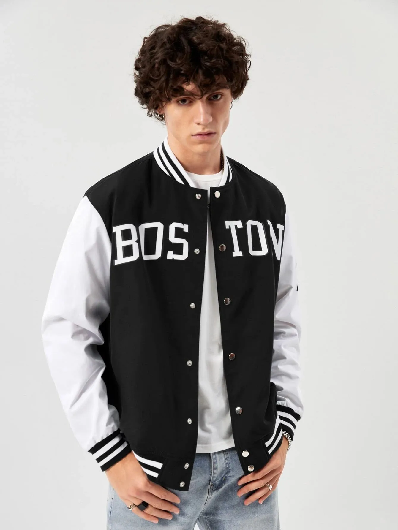 Manfinity Athprep Loose Fit Men'S Letter Graphic Striped Trim Varsity Jacket