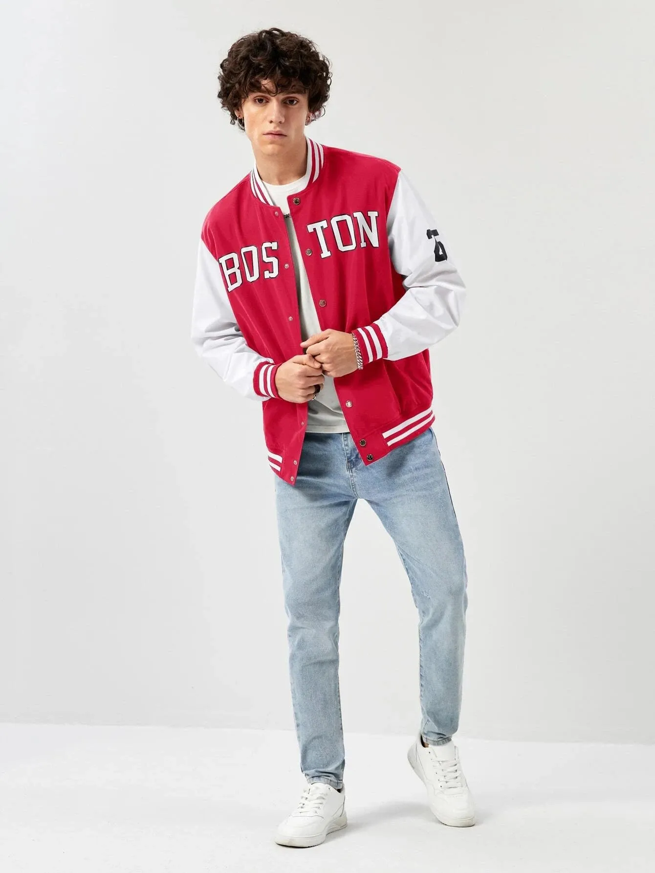 Manfinity Athprep Loose Fit Men'S Letter Graphic Striped Trim Varsity Jacket