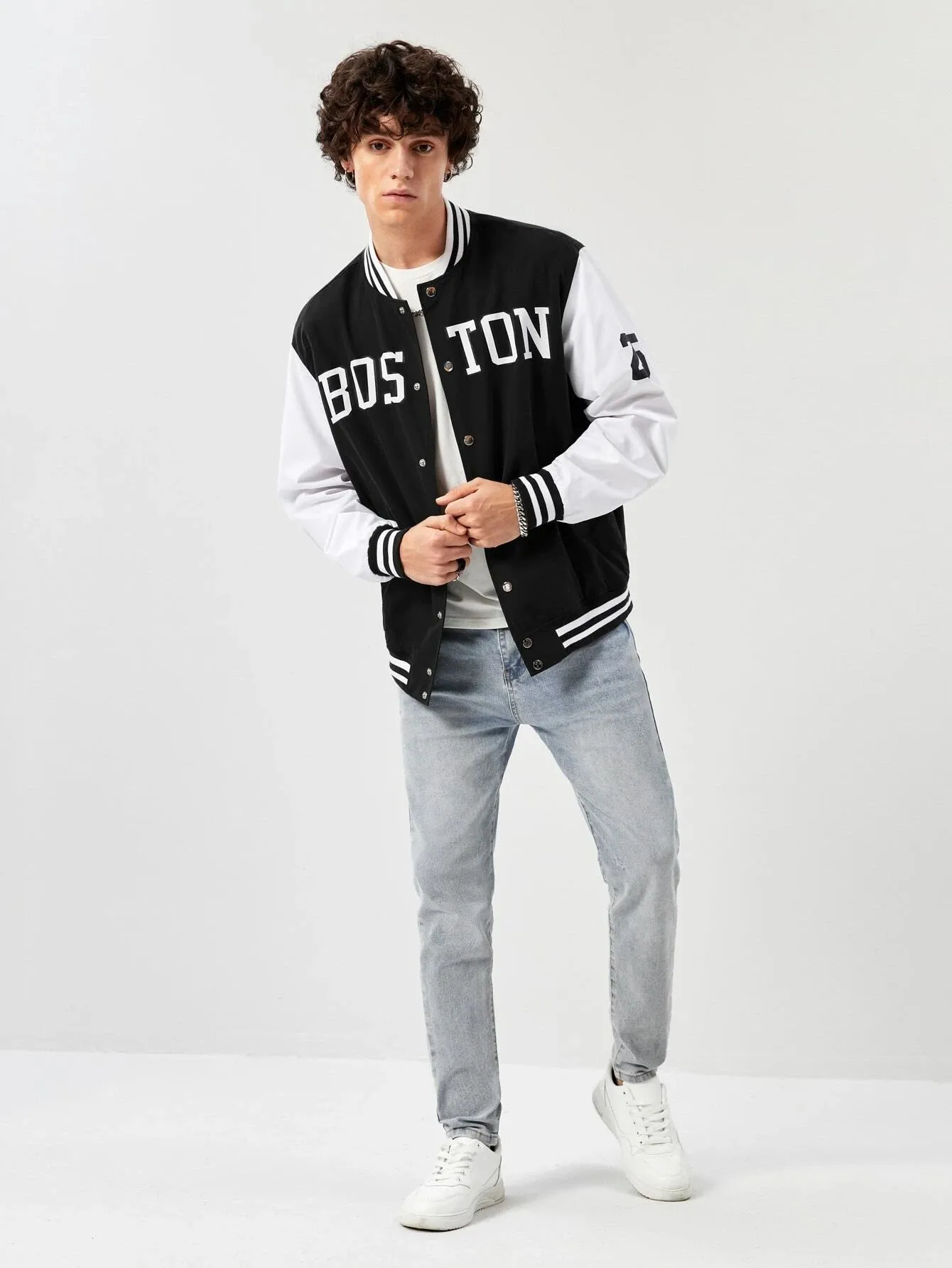 Manfinity Athprep Loose Fit Men'S Letter Graphic Striped Trim Varsity Jacket