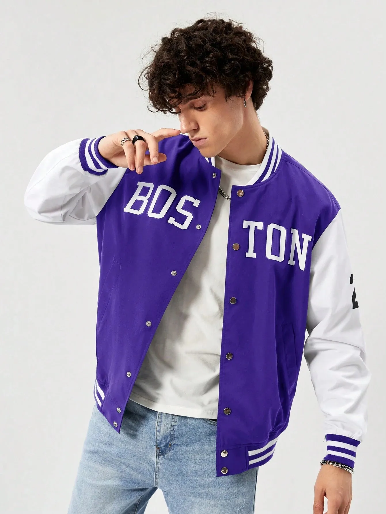 Manfinity Athprep Loose Fit Men'S Letter Graphic Striped Trim Varsity Jacket