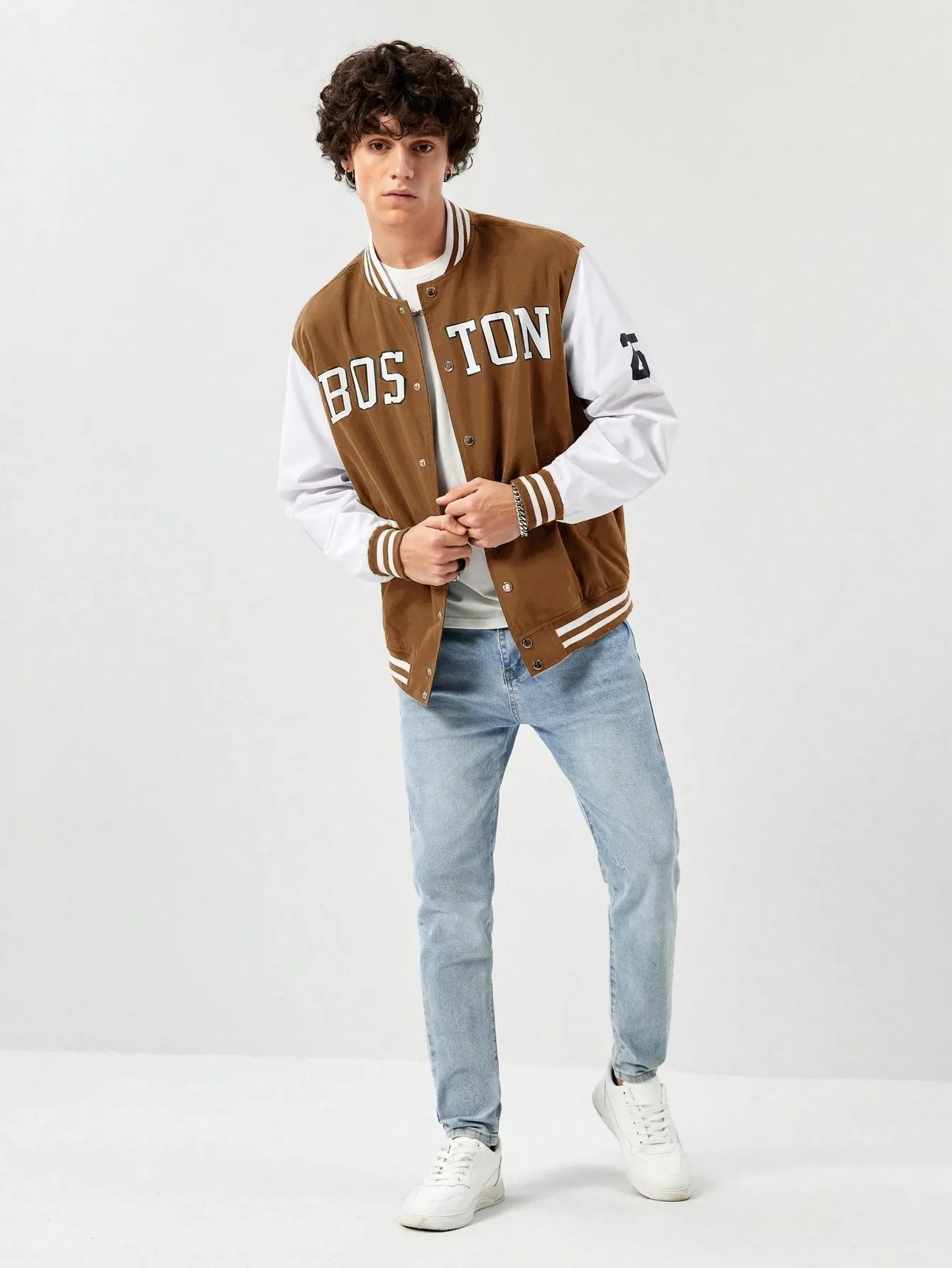 Manfinity Athprep Loose Fit Men'S Letter Graphic Striped Trim Varsity Jacket