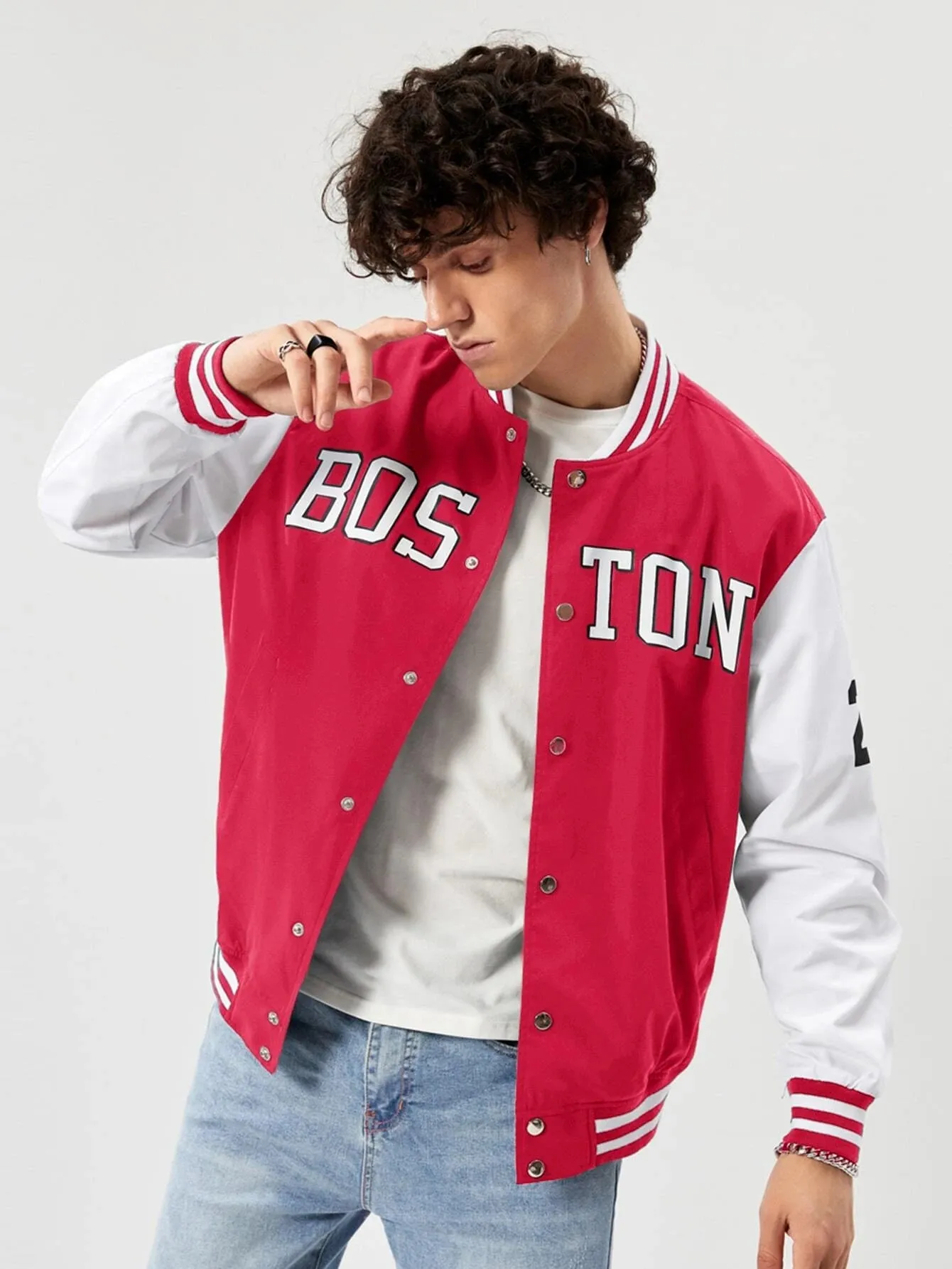 Manfinity Athprep Loose Fit Men'S Letter Graphic Striped Trim Varsity Jacket