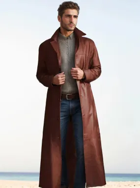 Men - Long Leather Coat - Classic Lapel - Elegant Outerwear