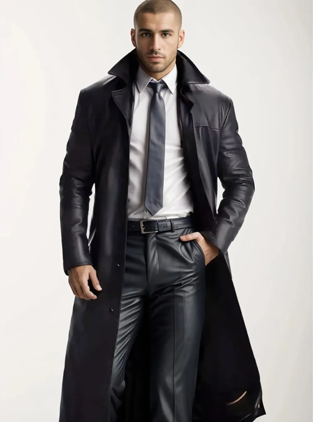 Men - Long Leather Coat - Classic Lapel - Elegant Outerwear