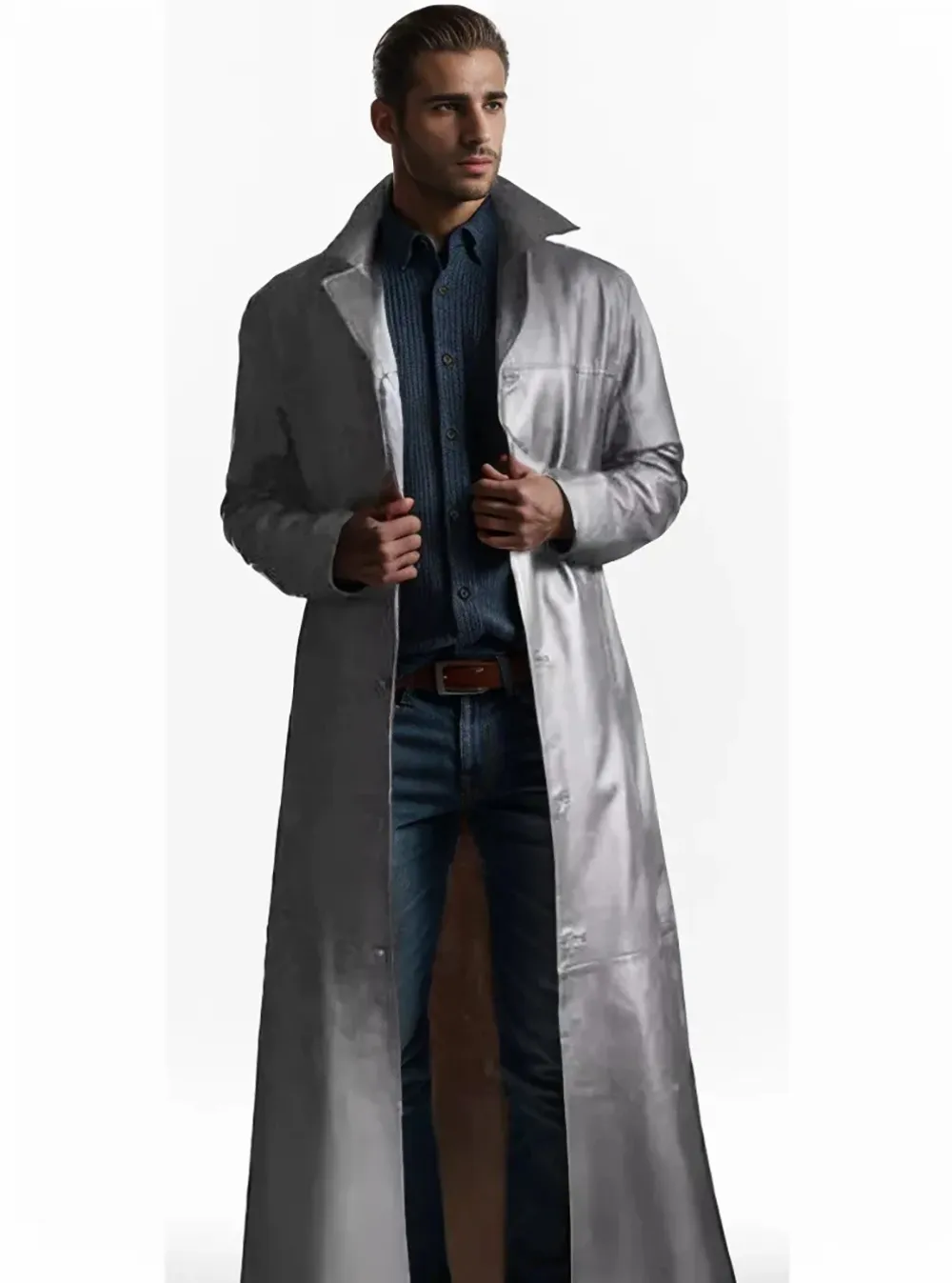 Men - Long Leather Coat - Classic Lapel - Elegant Outerwear