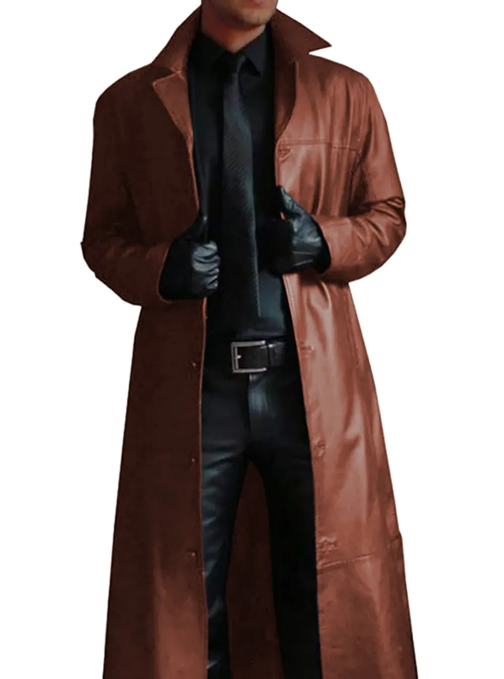 Men - Long Leather Coat - Classic Lapel - Elegant Outerwear