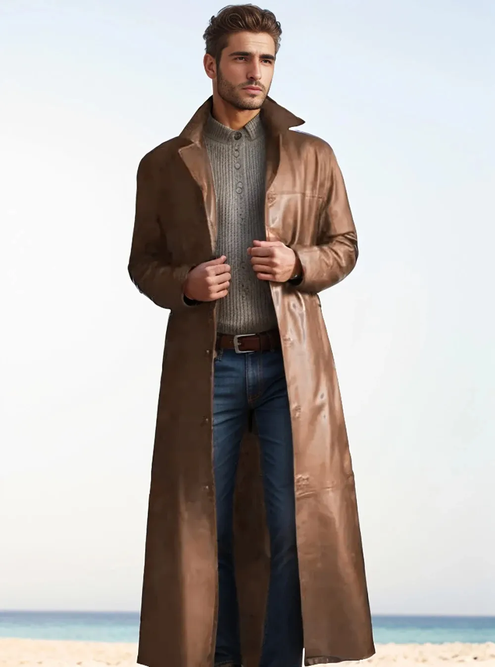 Men - Long Leather Coat - Classic Lapel - Elegant Outerwear