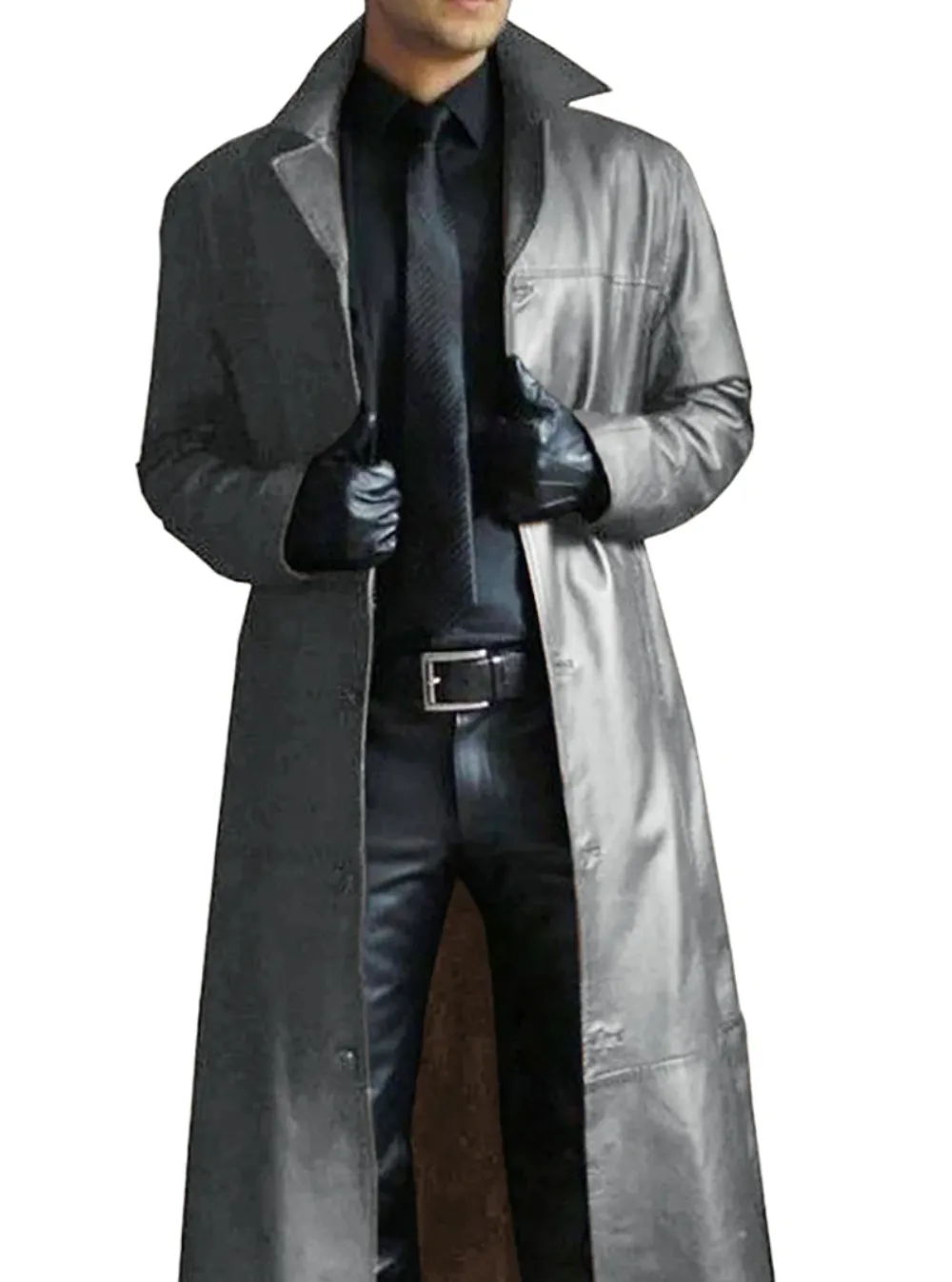 Men - Long Leather Coat - Classic Lapel - Elegant Outerwear