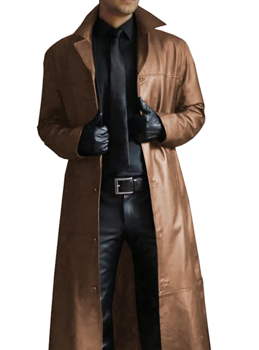 Men - Long Leather Coat - Classic Lapel - Elegant Outerwear