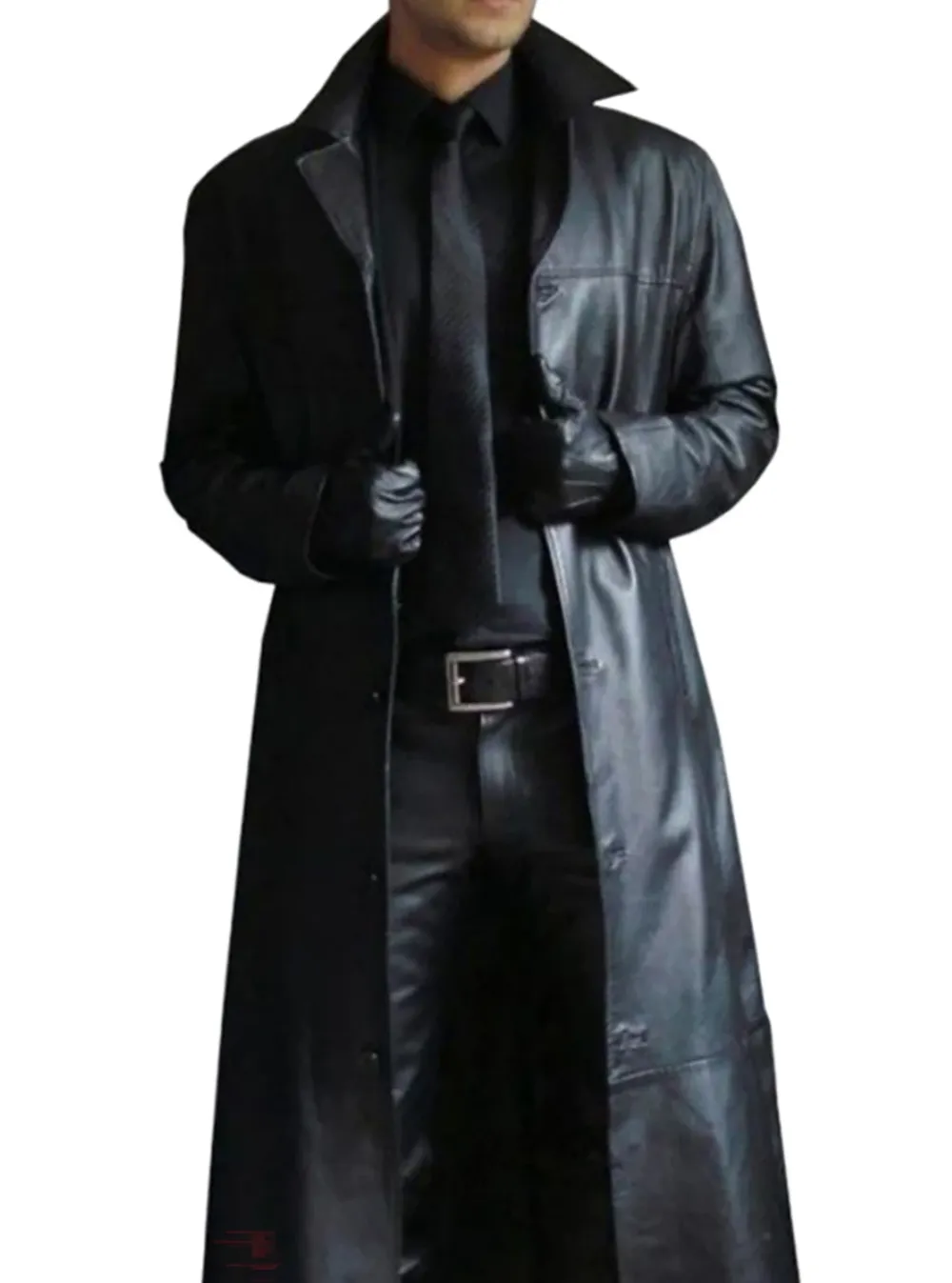 Men - Long Leather Coat - Classic Lapel - Elegant Outerwear