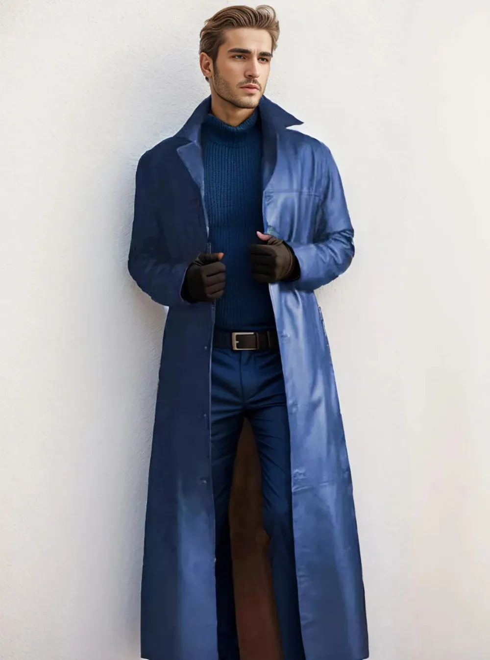 Men - Long Leather Coat - Classic Lapel - Elegant Outerwear