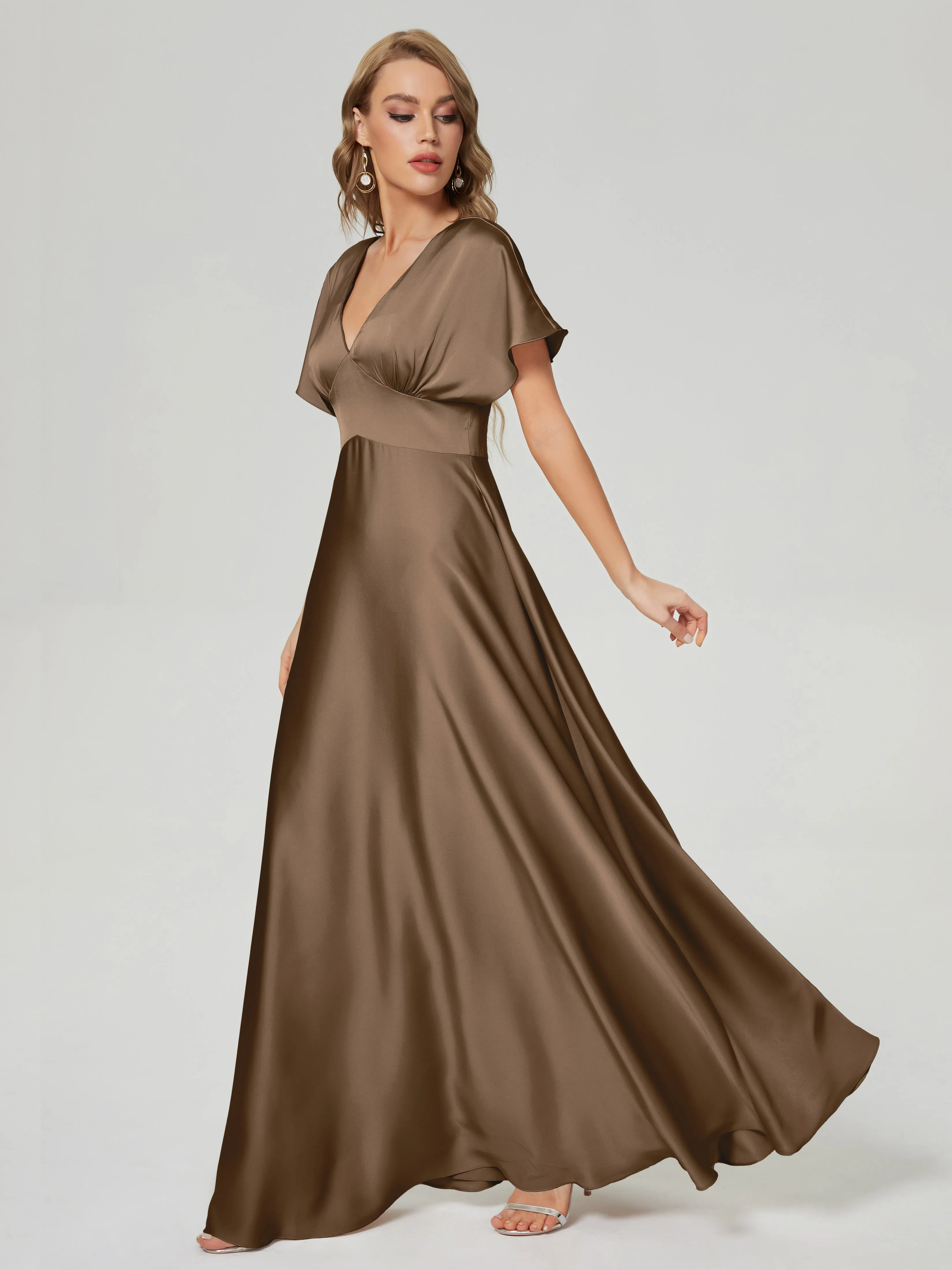 Mocha Bridesmaid Dresses Ariah Modest V Neck Short Sleeves Soft Satin Dresses