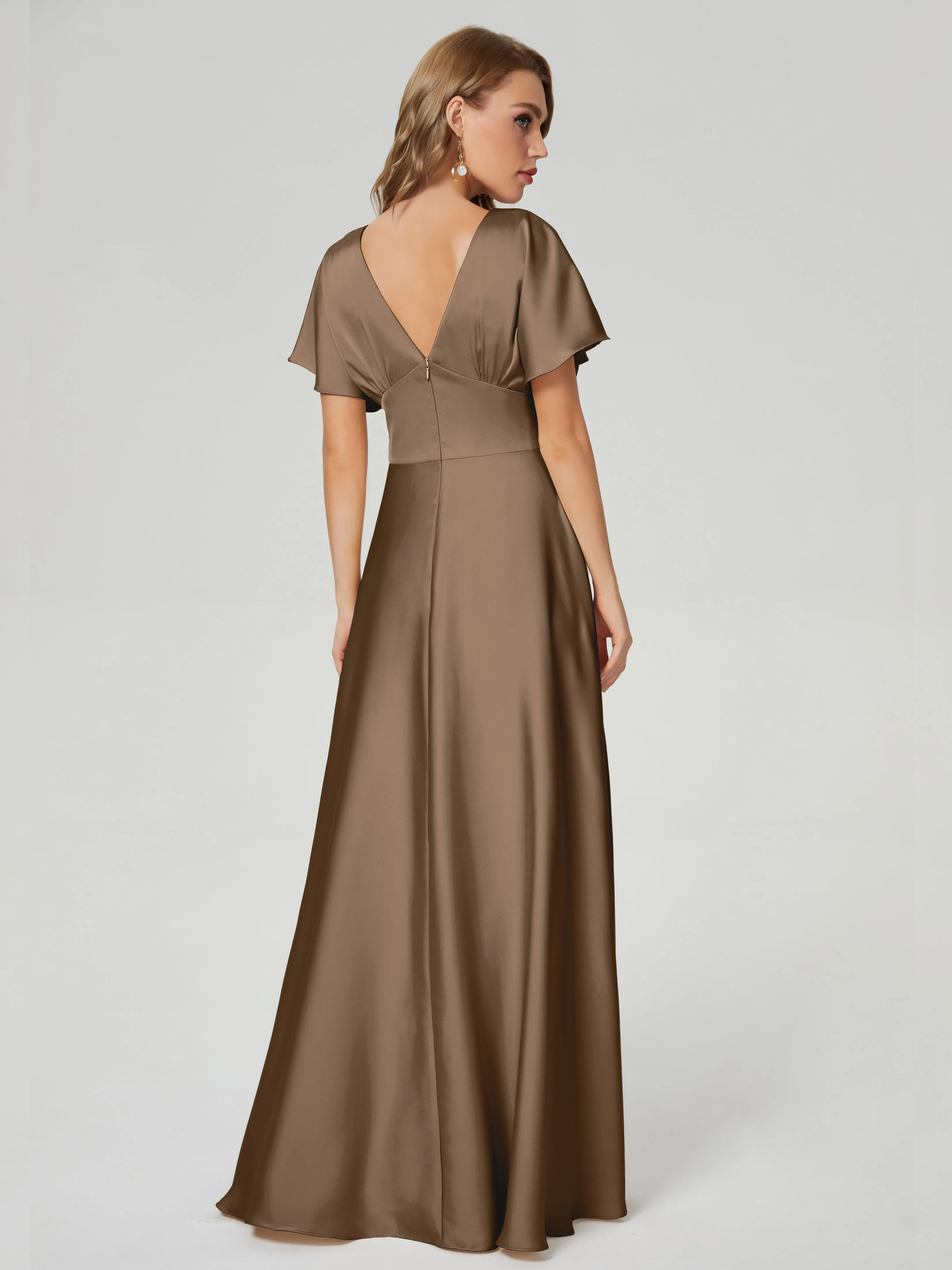 Mocha Bridesmaid Dresses Ariah Modest V Neck Short Sleeves Soft Satin Dresses