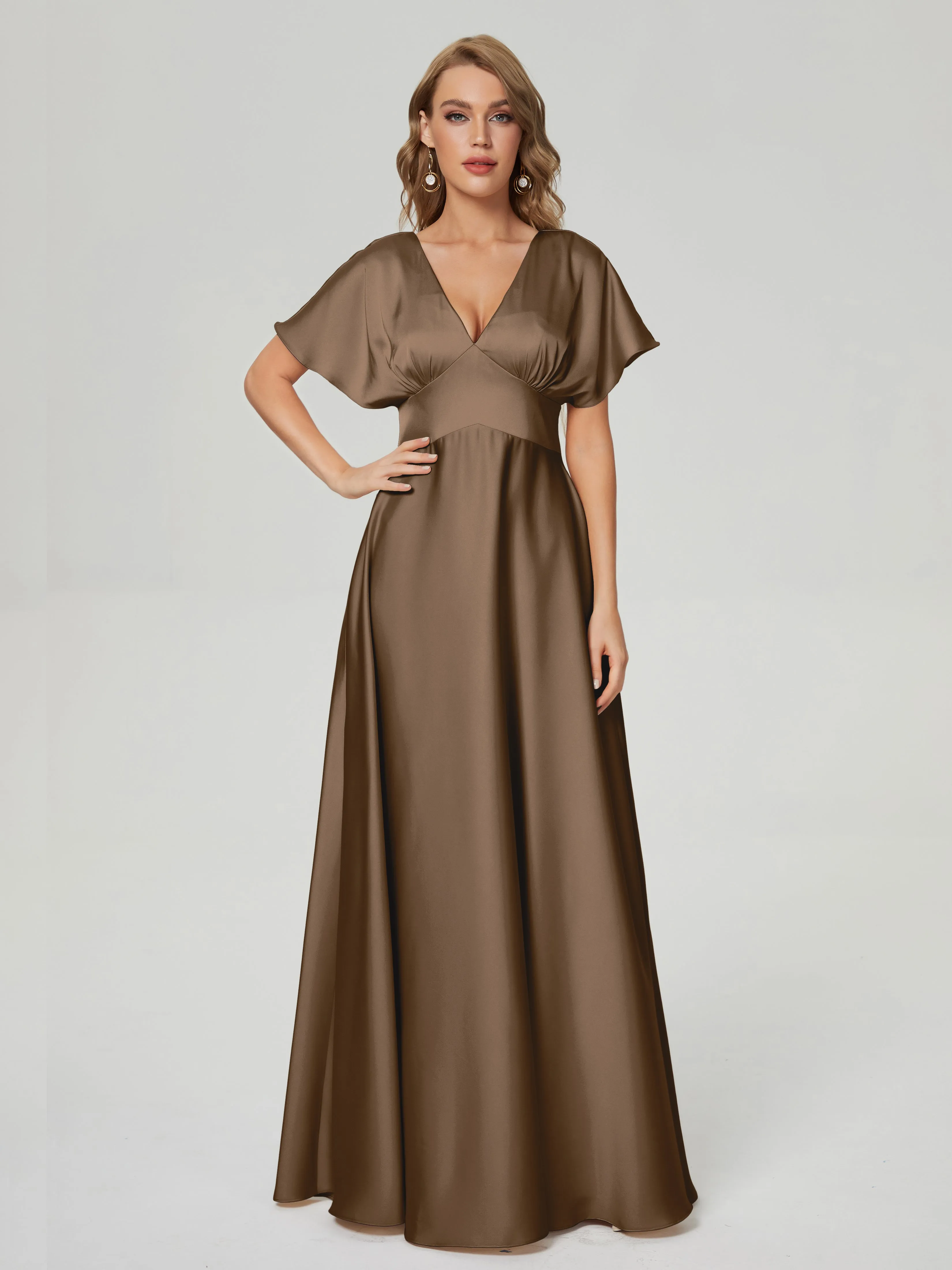 Mocha Bridesmaid Dresses Ariah Modest V Neck Short Sleeves Soft Satin Dresses