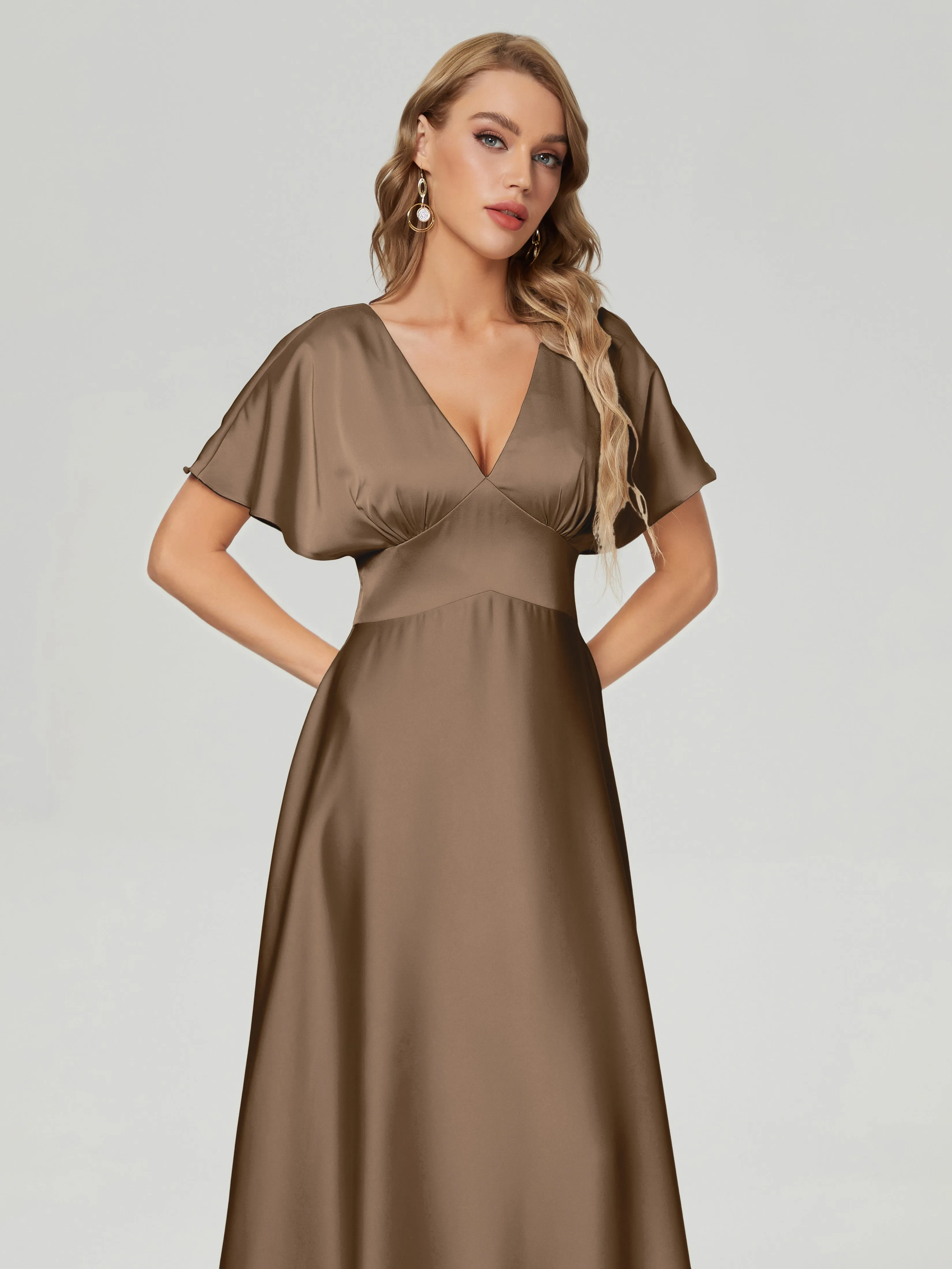 Mocha Bridesmaid Dresses Ariah Modest V Neck Short Sleeves Soft Satin Dresses