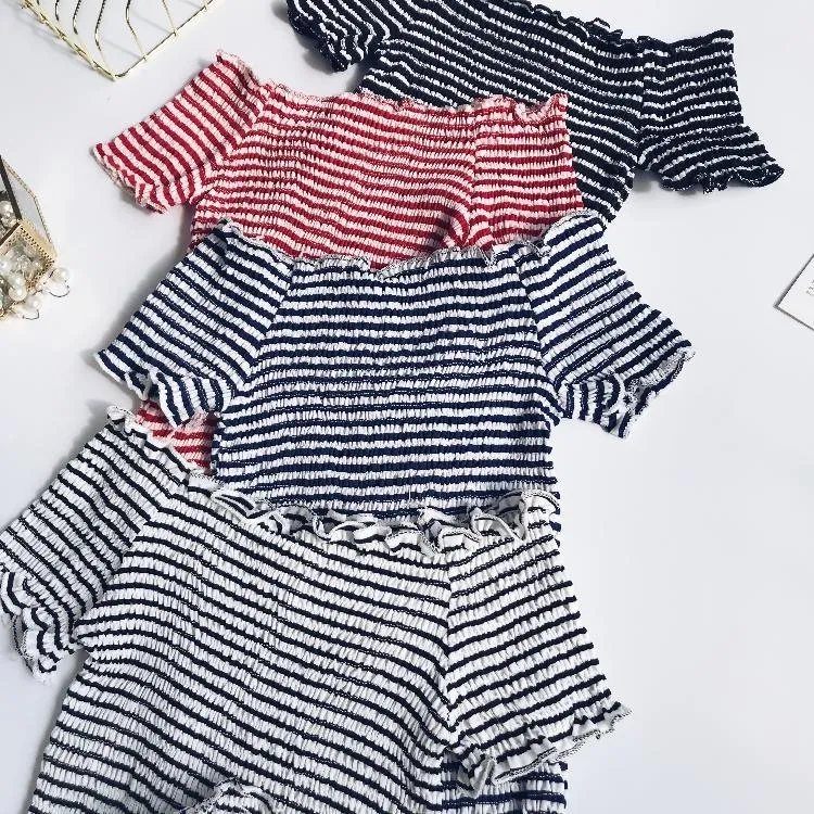 Open Shoulders Elastic Basic Stripes Simple Colors Tops