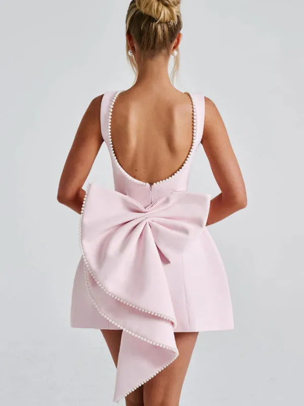 Pearl-Embellished Mini Dress with Bow Back for Date Nights