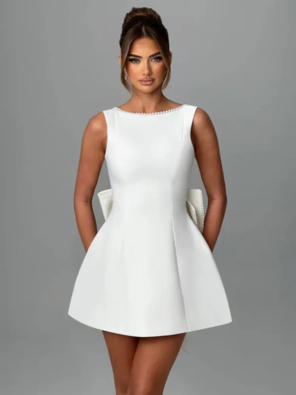 Pearl-Embellished Mini Dress with Bow Back for Date Nights