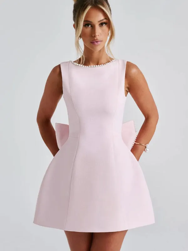 Pearl-Embellished Mini Dress with Bow Back for Date Nights