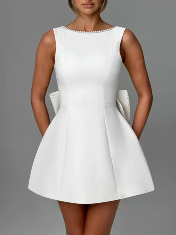 Pearl-Embellished Mini Dress with Bow Back for Date Nights