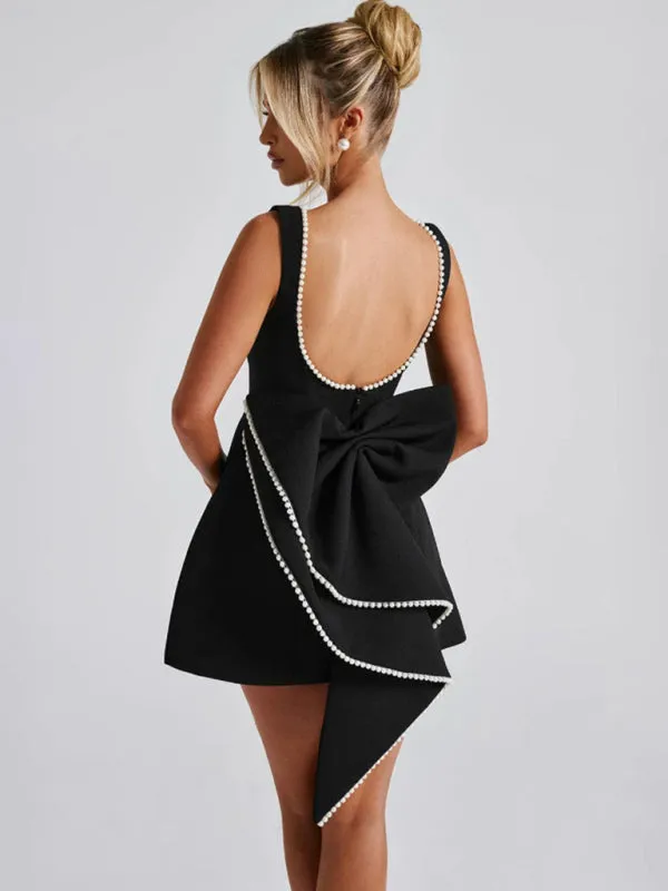 Pearl-Embellished Mini Dress with Bow Back for Date Nights