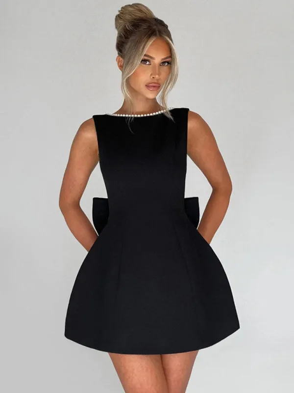 Pearl-Embellished Mini Dress with Bow Back for Date Nights