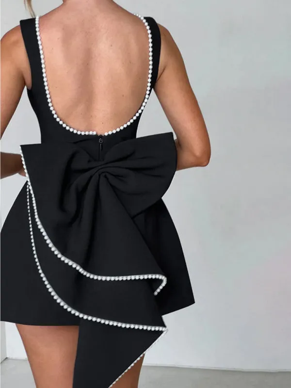 Pearl-Embellished Mini Dress with Bow Back for Date Nights