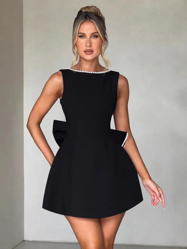 Pearl-Embellished Mini Dress with Bow Back for Date Nights