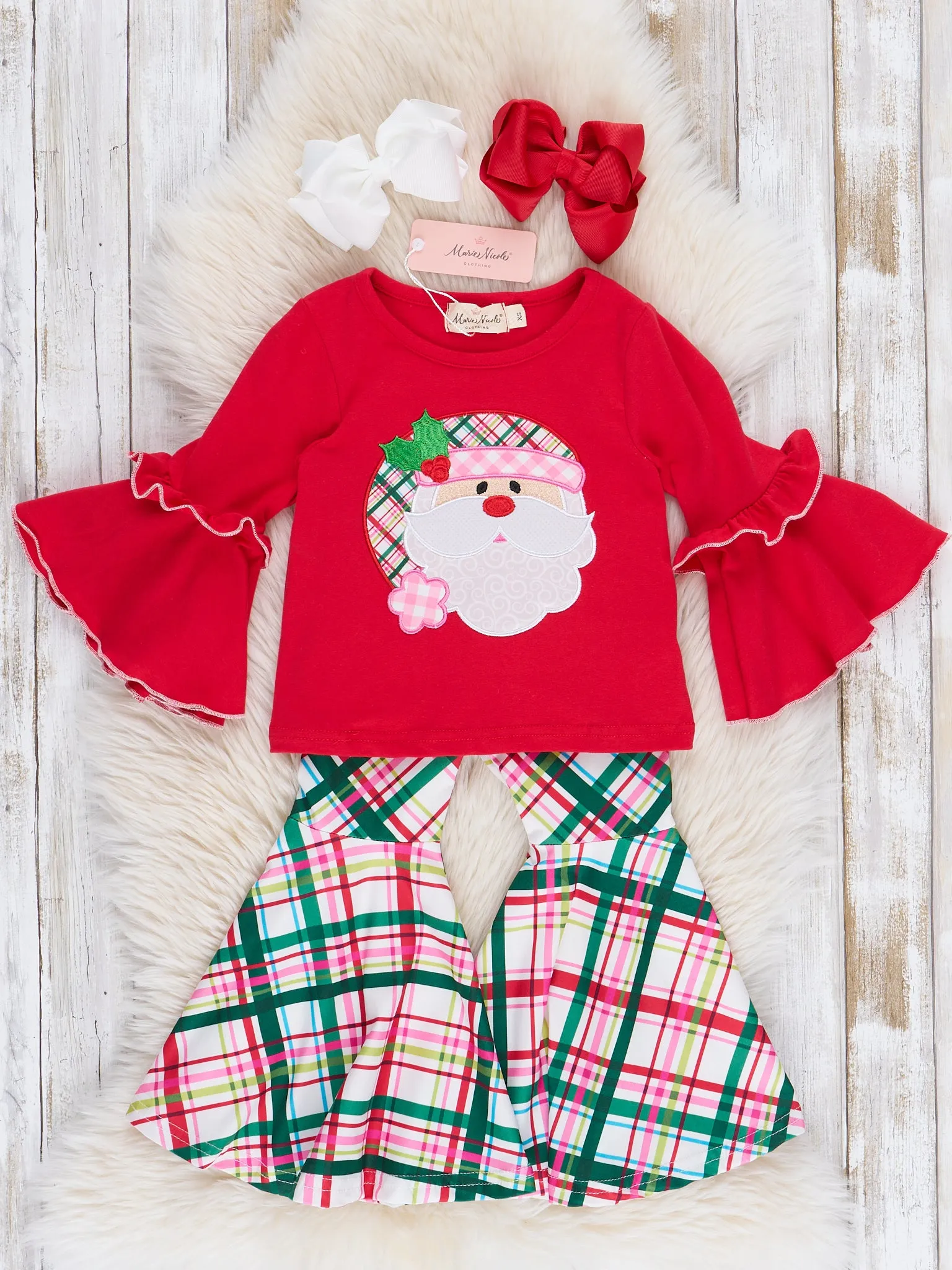 Pink & Red Santa Plaid Ruffle Bell Bottoms Outfit