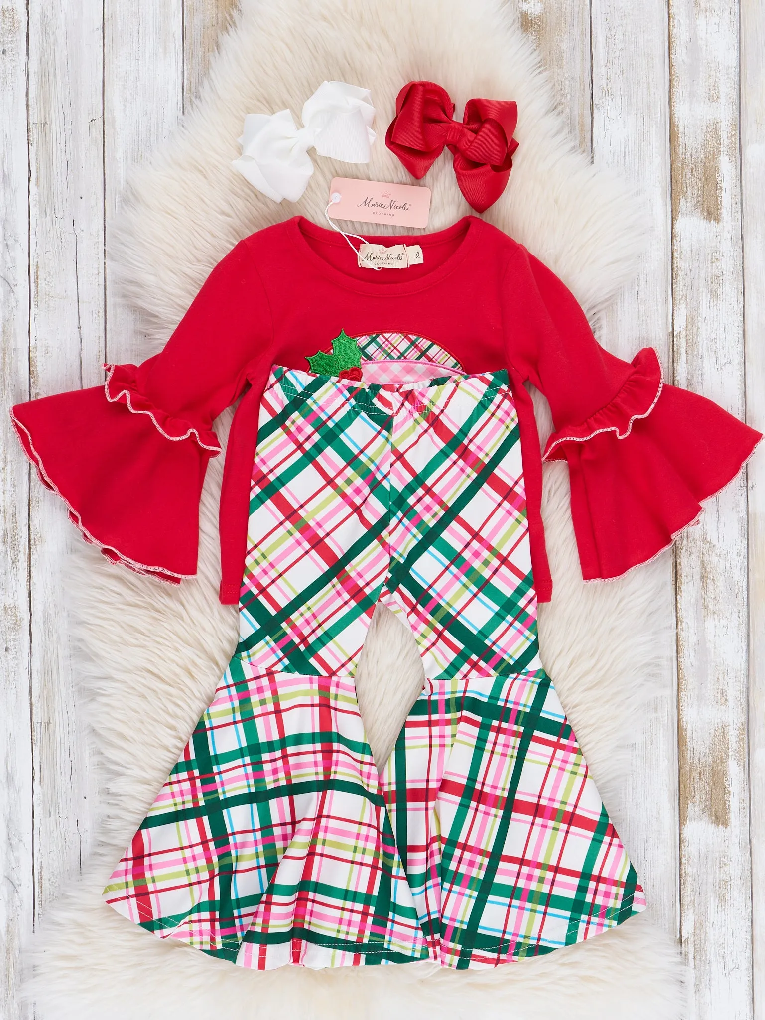 Pink & Red Santa Plaid Ruffle Bell Bottoms Outfit