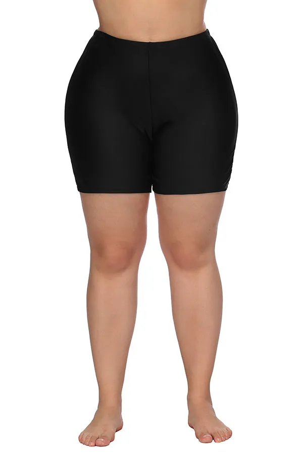 Plus Solid Color High Waist Black Swim Shorts