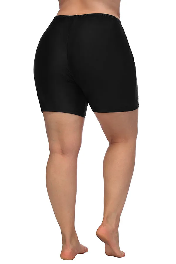 Plus Solid Color High Waist Black Swim Shorts